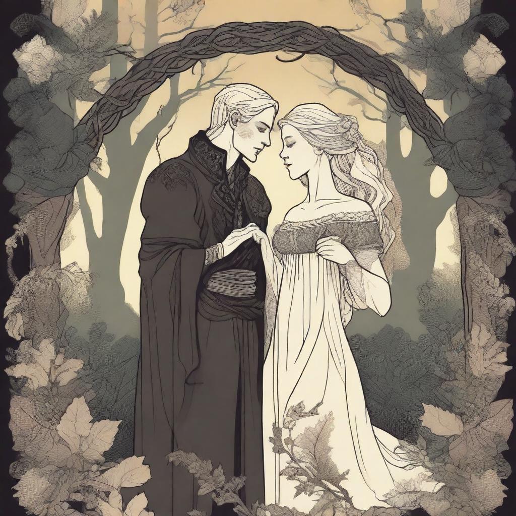 An Art Nouveau style depiction of a forbidden romance between an adult female witch and a male demon in human form