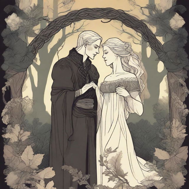 An Art Nouveau style depiction of a forbidden romance between an adult female witch and a male demon in human form