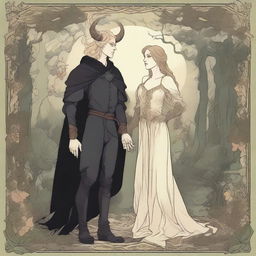 An Art Nouveau style depiction of a forbidden romance between an adult female witch and a male demon in human form