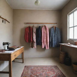 A tailor studio with Ankara clothes prominently displayed on a hanger near the wall. The space is filled with various tailoring tools and highlighted by natural lighting.