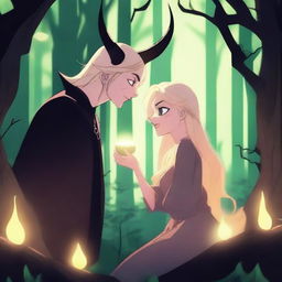 A dramatic 2D animation scene featuring a blonde witch and a demon who were once enemies but are now lovers