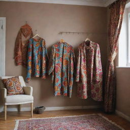 A cozy tailor studio with a richly patterned female Ankara clothes hanging prominently on a hanger near the wall. The room is filled with a sense of fashion and creativity.