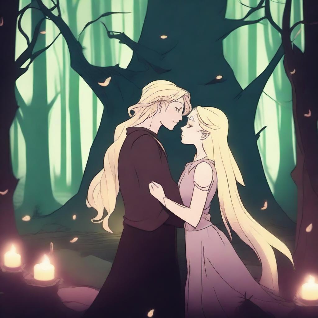 A dramatic 2D animation scene featuring a blonde witch and a demon who were once enemies but are now lovers