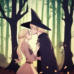 A dramatic 2D animation scene featuring a blonde witch and a demon who were once enemies but are now lovers