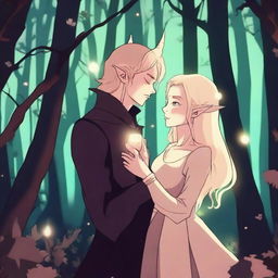 A dramatic 2D animation scene featuring a blonde witch and a demon who were once enemies but are now lovers