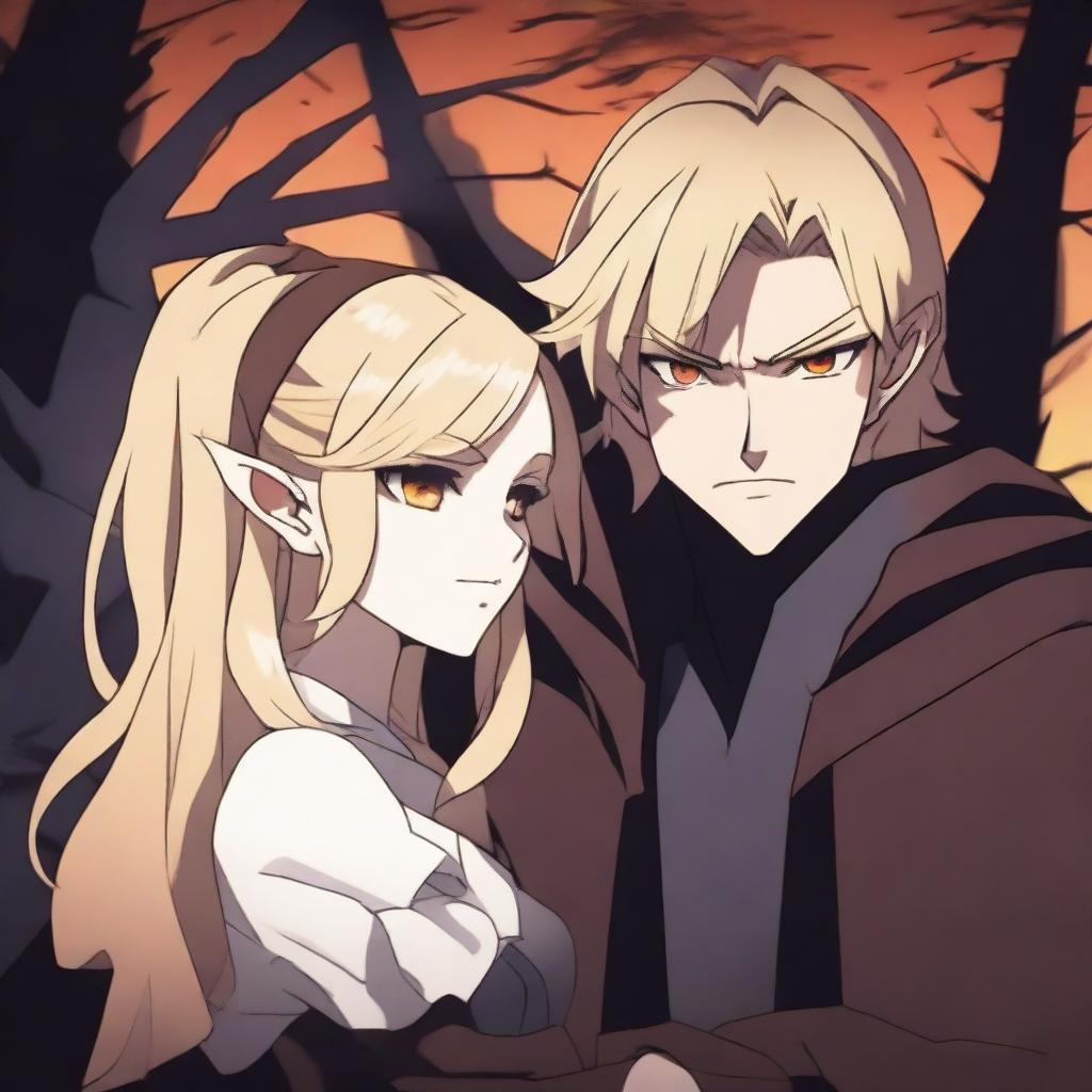 A dramatic 2D animation scene featuring a blonde-haired witch and a brown-haired demon who were once enemies but are now lovers