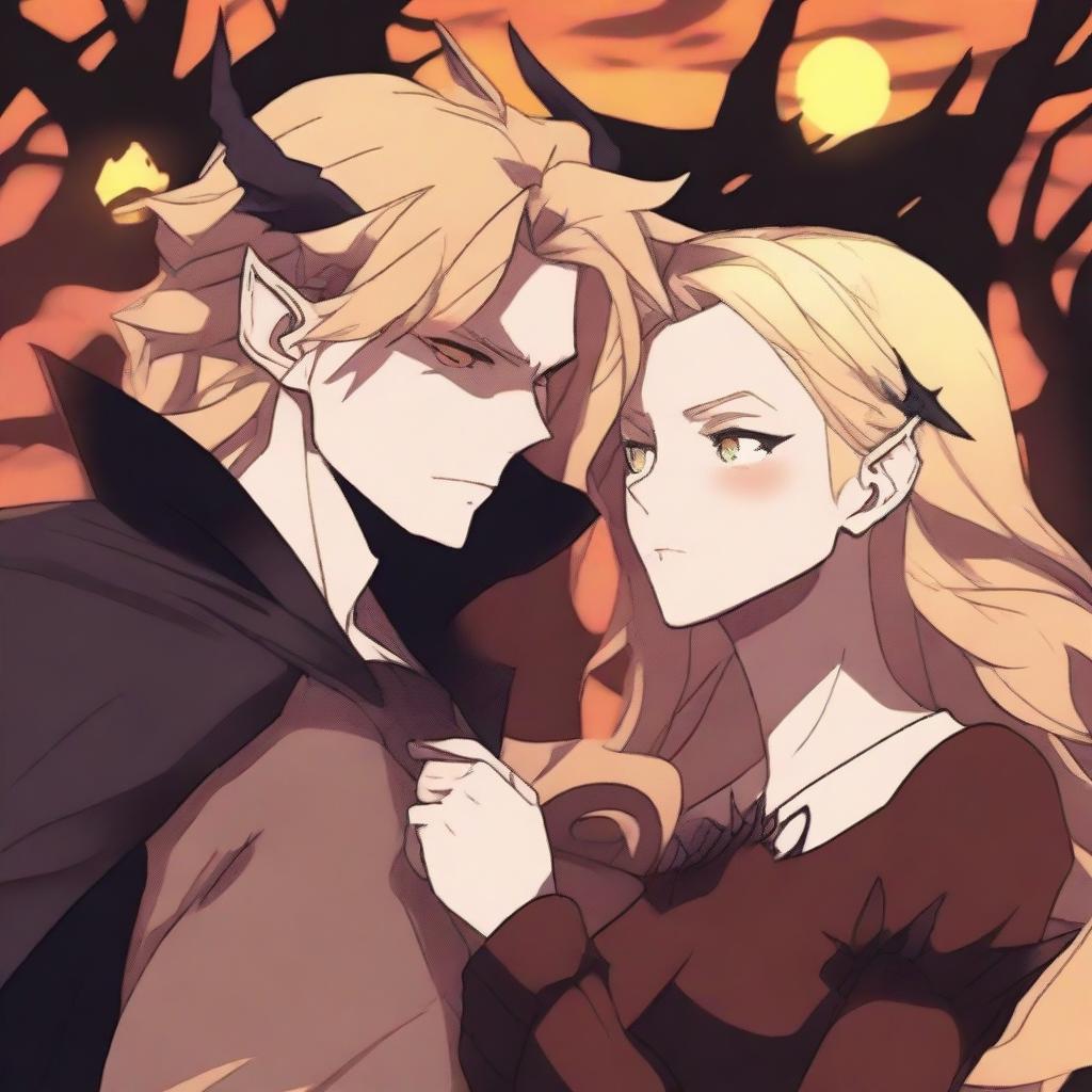 A dramatic 2D animation scene featuring a blonde-haired witch and a brown-haired demon who were once enemies but are now lovers