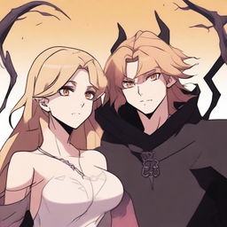 A dramatic 2D animation scene featuring a blonde-haired witch and a brown-haired demon who were once enemies but are now lovers