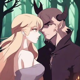 A dramatic 2D animation scene featuring a blonde-haired witch and a brown-haired demon who were once enemies but are now lovers