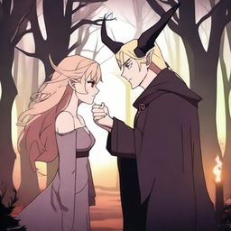 A dramatic 2D animation scene featuring a blonde-haired witch and a brown-haired demon who were once enemies but are now lovers