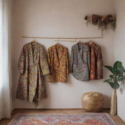 A cozy tailor studio with a richly patterned female Ankara clothes hanging prominently on a hanger near the wall. The room is filled with a sense of fashion and creativity.