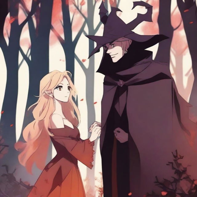 A dramatic 2D animation scene featuring a blonde-haired witch and a brown-haired demon who were once enemies but are now lovers