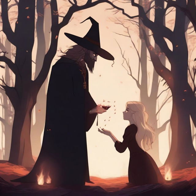 A captivating 2D animation scene depicting forbidden love between a blonde-haired witch and a brown-haired demon