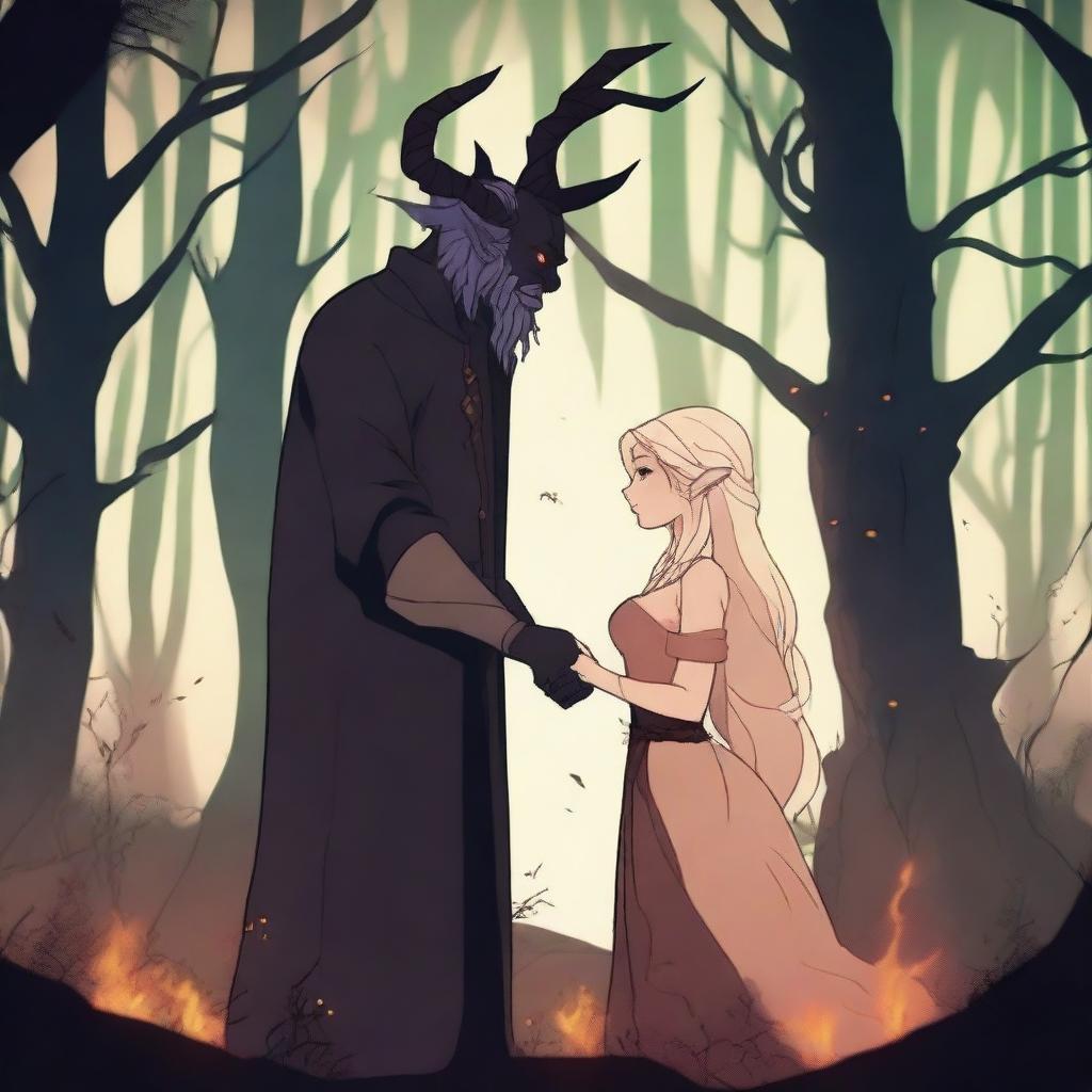 A captivating 2D animation scene depicting forbidden love between an adult female witch with blonde braided hair and a male demon