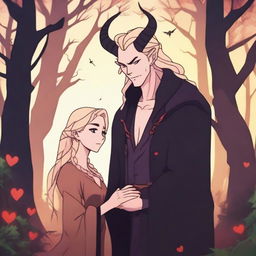 A captivating 2D animation scene depicting forbidden love between an adult female witch with blonde braided hair and a male demon