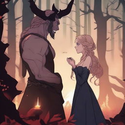 A captivating 2D animation scene depicting forbidden love between an adult female witch with blonde braided hair and a male demon