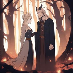 A captivating 2D animation scene depicting forbidden love between an adult female witch with blonde braided hair and a male demon