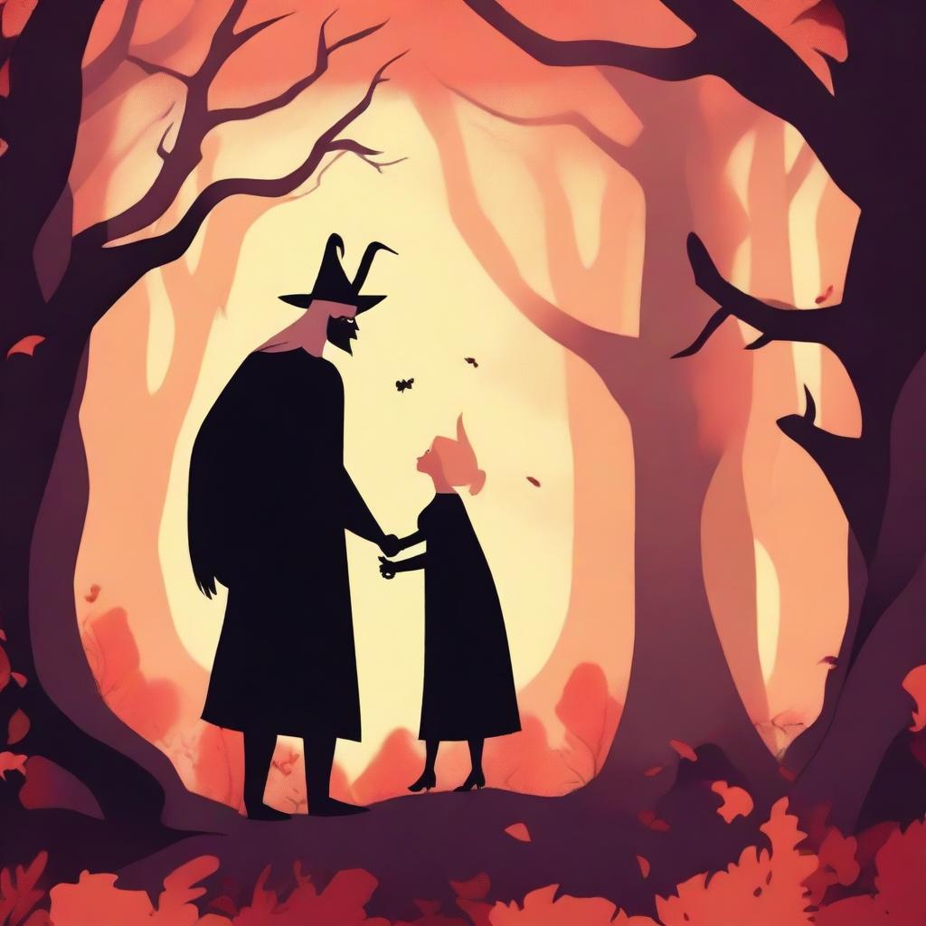 A captivating animated scene in the style of Pixar or Disney depicting forbidden love between an adult female witch with blonde braided hair and a male demon