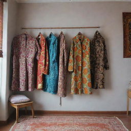 A cozy tailor studio with a richly patterned female Ankara clothes hanging prominently on a hanger near the wall. The room is filled with a sense of fashion and creativity.