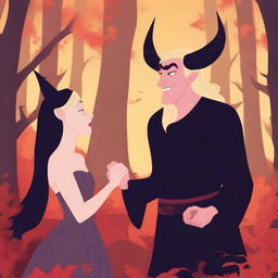 A captivating animated scene in the style of Pixar or Disney depicting forbidden love between an adult female witch with blonde braided hair and a male demon