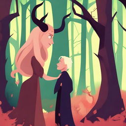 A captivating animated scene in the style of Pixar or Disney depicting forbidden love between an adult female witch with blonde braided hair and a male demon