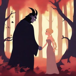 A captivating animated scene in the style of Pixar or Disney depicting forbidden love between an adult female witch with blonde braided hair and a male demon