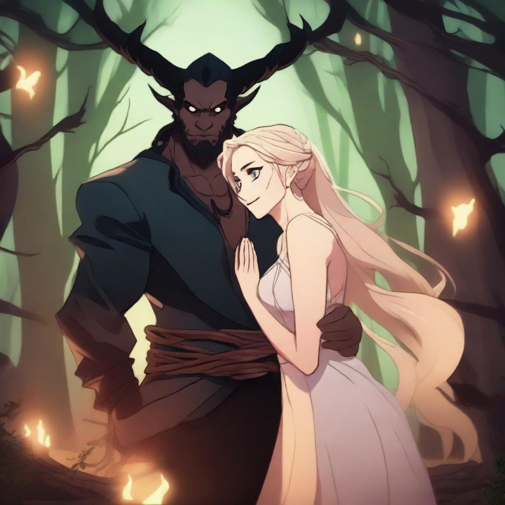 A captivating 2D animated scene depicting forbidden love between an adult female witch with blonde braided hair and a male demon