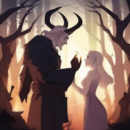 A captivating 2D animated scene depicting forbidden love between an adult female witch with blonde braided hair and a male demon