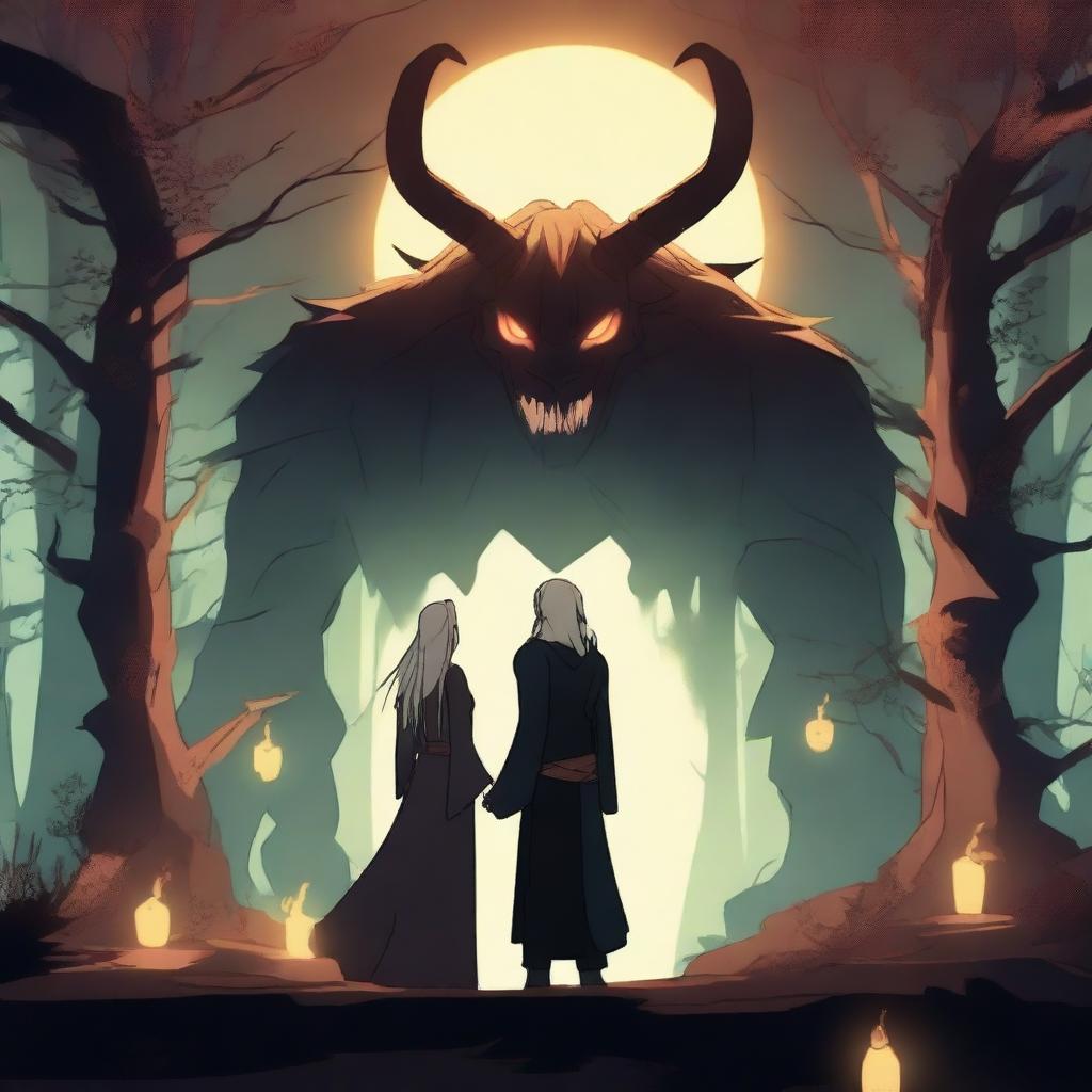 A captivating 2D animated scene depicting forbidden love between an adult female witch with blonde braided hair and a male demon