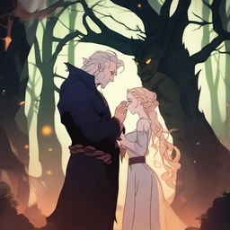 A captivating 2D animated scene depicting forbidden love between an adult female witch with blonde braided hair and a male demon