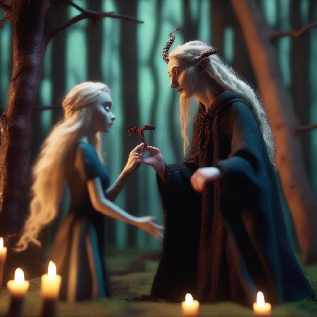 A captivating stop-motion animation scene depicting forbidden love between an adult female witch with blonde braided hair and a male demon