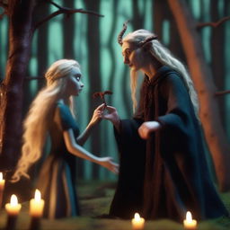 A captivating stop-motion animation scene depicting forbidden love between an adult female witch with blonde braided hair and a male demon