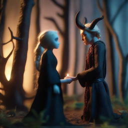 A captivating stop-motion animation scene depicting forbidden love between an adult female witch with blonde braided hair and a male demon