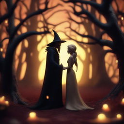 A captivating stop-motion animation scene depicting forbidden love between an adult female witch with blonde braided hair and a male demon