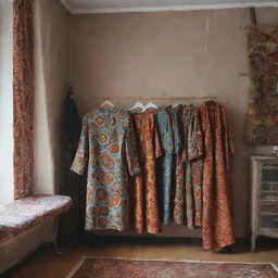 A cozy tailor studio with a richly patterned female Ankara clothes hanging prominently on a hanger near the wall. The room is filled with a sense of fashion and creativity.