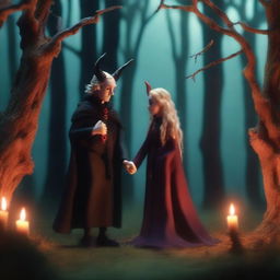 A captivating stop-motion animation scene depicting forbidden love between an adult female witch with blonde braided hair and a male demon