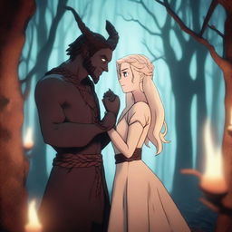 A character animation scene depicting forbidden love between an adult female witch with blonde braided hair and a male demon