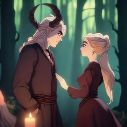 A character animation scene depicting forbidden love between an adult female witch with blonde braided hair and a male demon