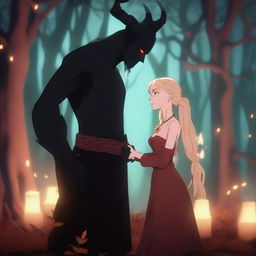 A character animation scene depicting forbidden love between an adult female witch with blonde braided hair and a male demon