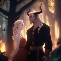 A character animation scene depicting forbidden love between an adult female witch with blonde braided hair and a male demon