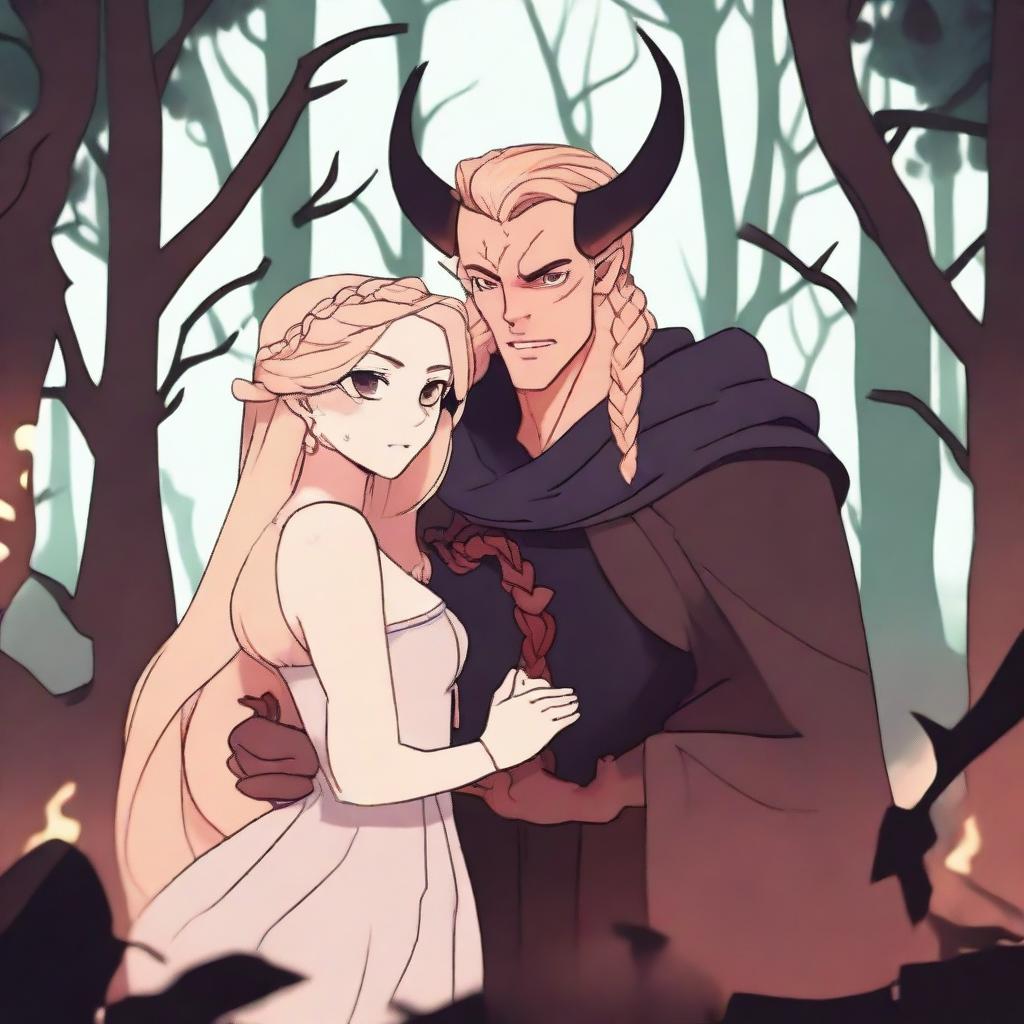 A 2D animation scene depicting forbidden love between an adult female witch with blonde braided hair and a male demon