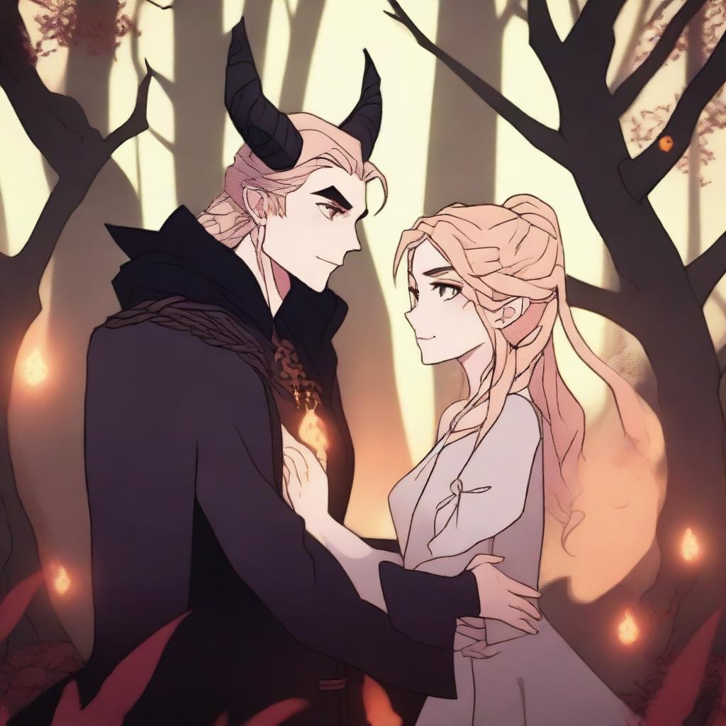 A 2D animation scene depicting forbidden love between an adult female witch with blonde braided hair and a male demon