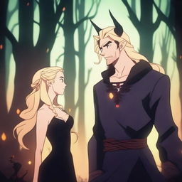 A 2D animation scene depicting forbidden love between an adult female witch with blonde braided hair and a male demon