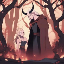 A 2D animation scene depicting forbidden love between an adult female witch with blonde braided hair and a male demon