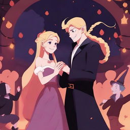 A captivating 2D animation scene depicting forbidden love between an adult female witch with blonde braided hair and a male demon