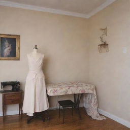 An intimate tailor studio with high-quality female clothing elegantly hung on a nearby wall and draped across a sewing table.