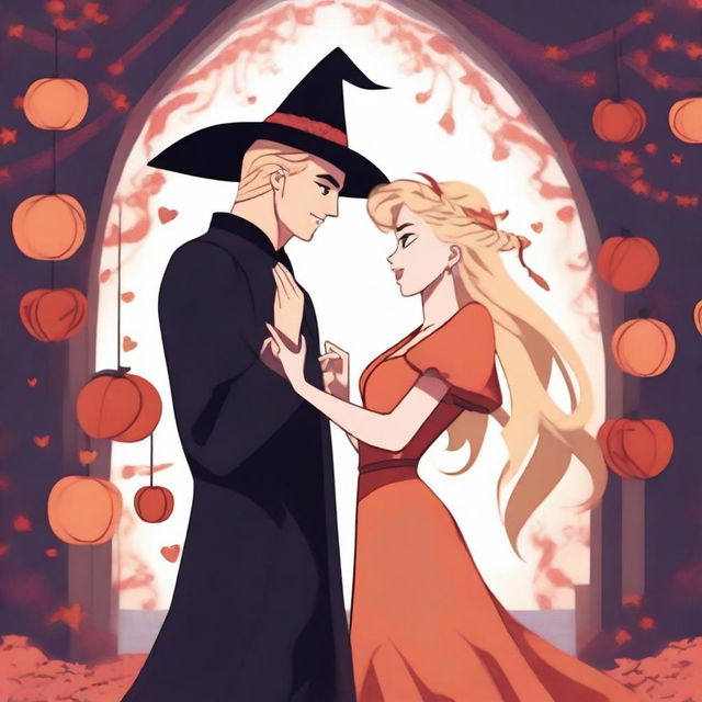 A captivating 2D animation scene depicting forbidden love between an adult female witch with blonde braided hair and a male demon