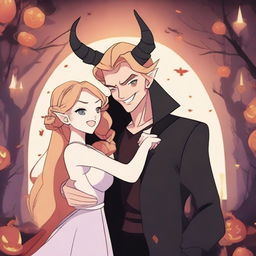 A captivating 2D animation scene depicting forbidden love between an adult female witch with blonde braided hair and a male demon