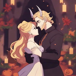 A captivating 2D animation scene depicting forbidden love between an adult female witch with blonde braided hair and a male demon