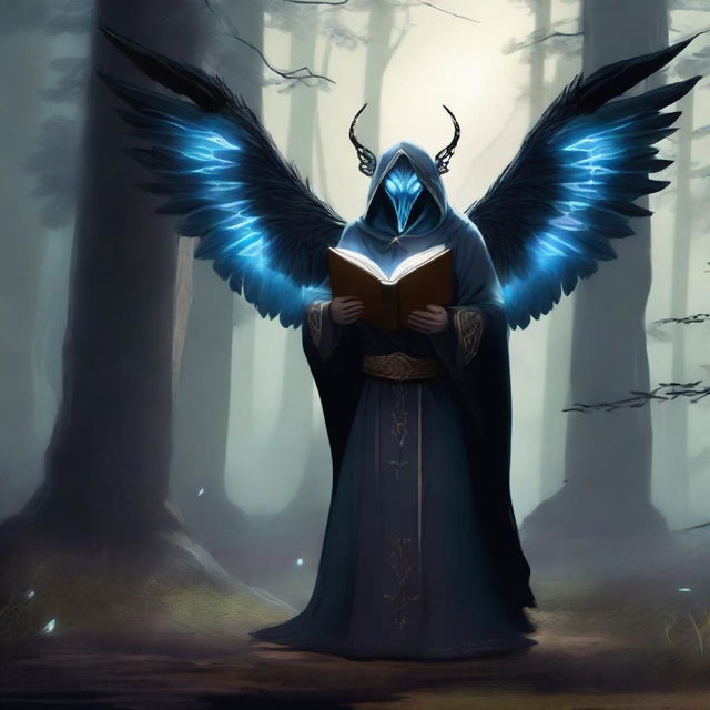 A Fallen Aasimar Pact of the Tome Warlock standing in a dark, mystical forest